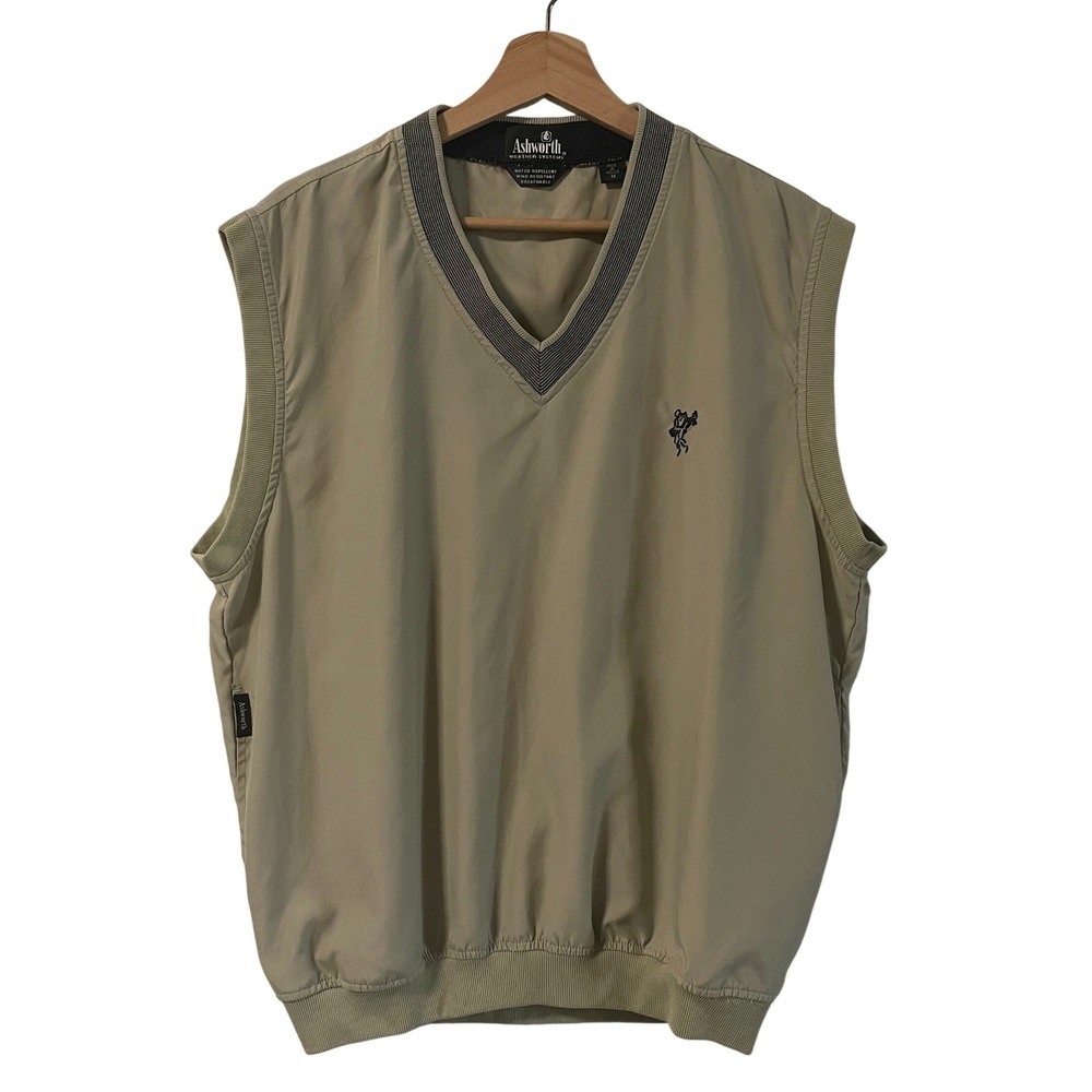 Ashworth Weather Systems Mens Golf Vest Tan V-Neck Microfiber Water‎ Repellent M